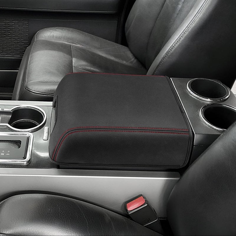 Eaglecover Center Console Cover for Ford F150 XL XLT 2004-2014, Expedition 2007-2014, Lincoln Mark LT 2006-2008, PU Leather Middle Armrest Cusion Protector, Bucket Seat Only, Anti-Scratch, Black Red Stitching - Image 1